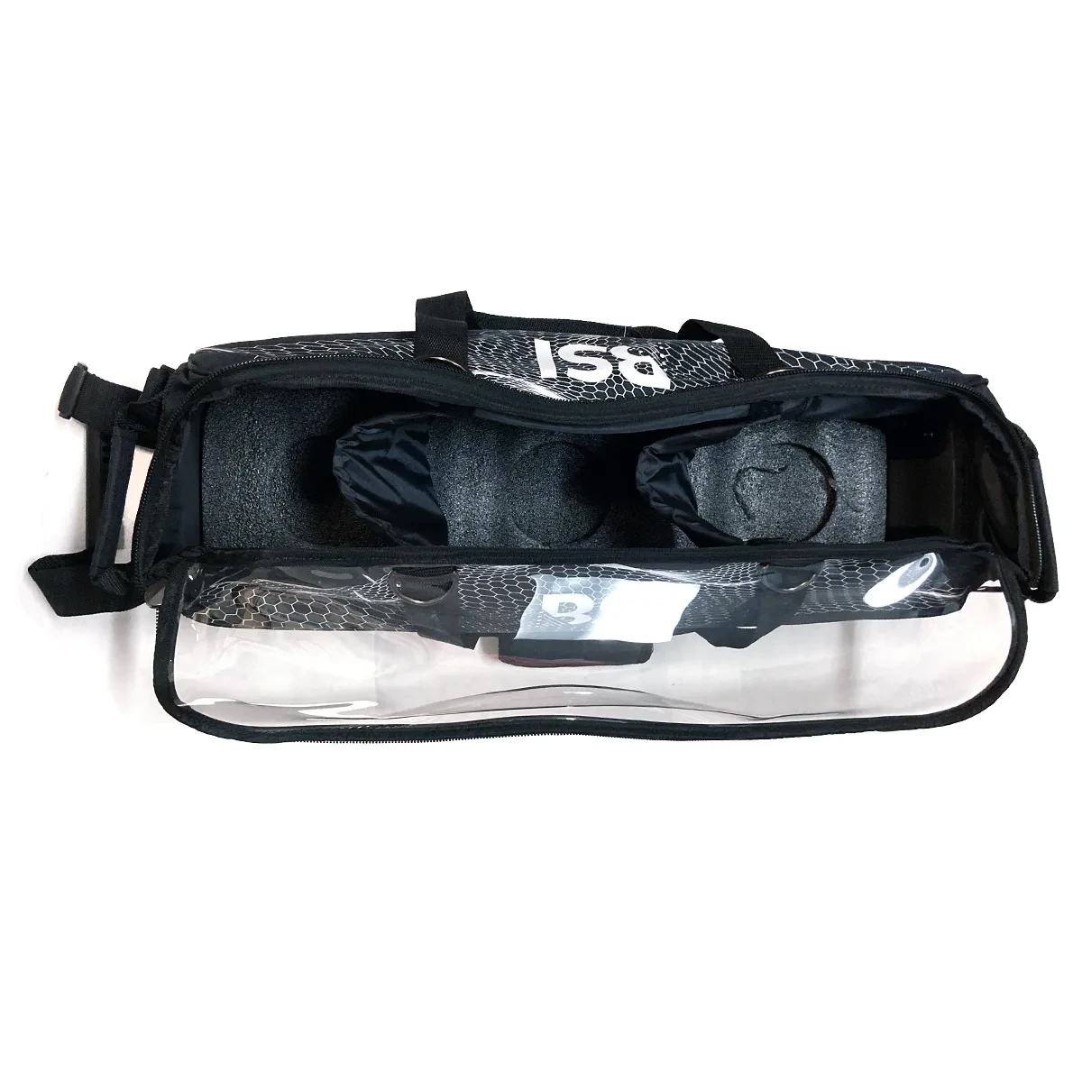 Top view of the open BSI Hard Base triple tote showing three bowling balls in molded foam ball cups and the clear zippered top panel