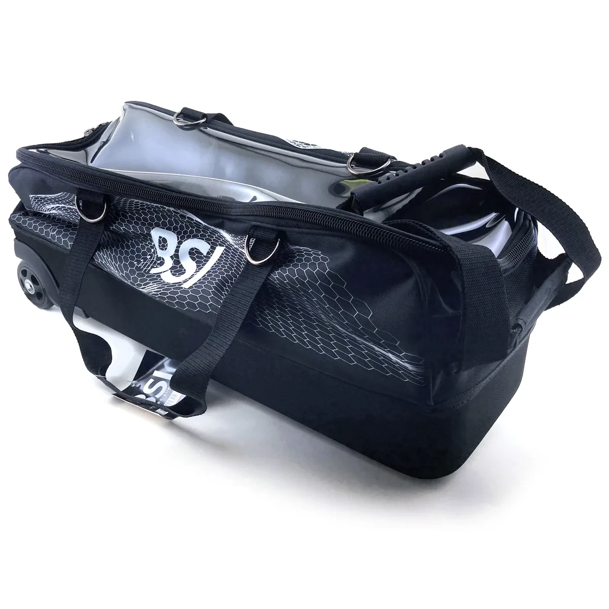 Angled view of the black BSI Hard Base triple roller tote with webbing carry handles, D-rings and an adjustable shoulder strap