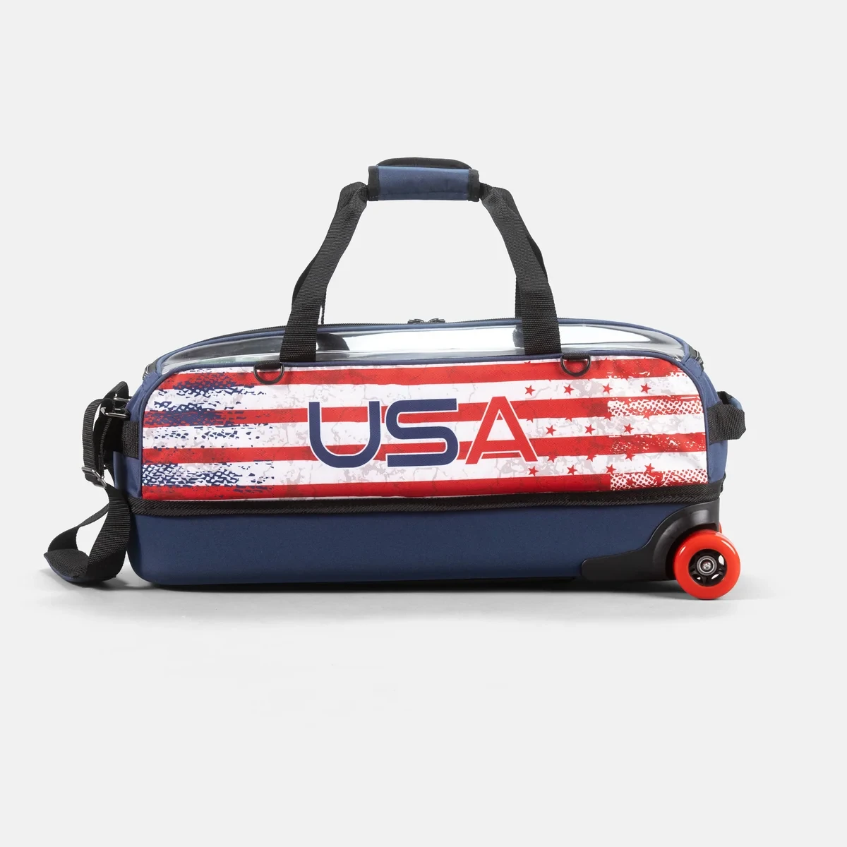 Navy KR Strikeforce USA Slim Triple Tote with red skateboard-style wheels, side view