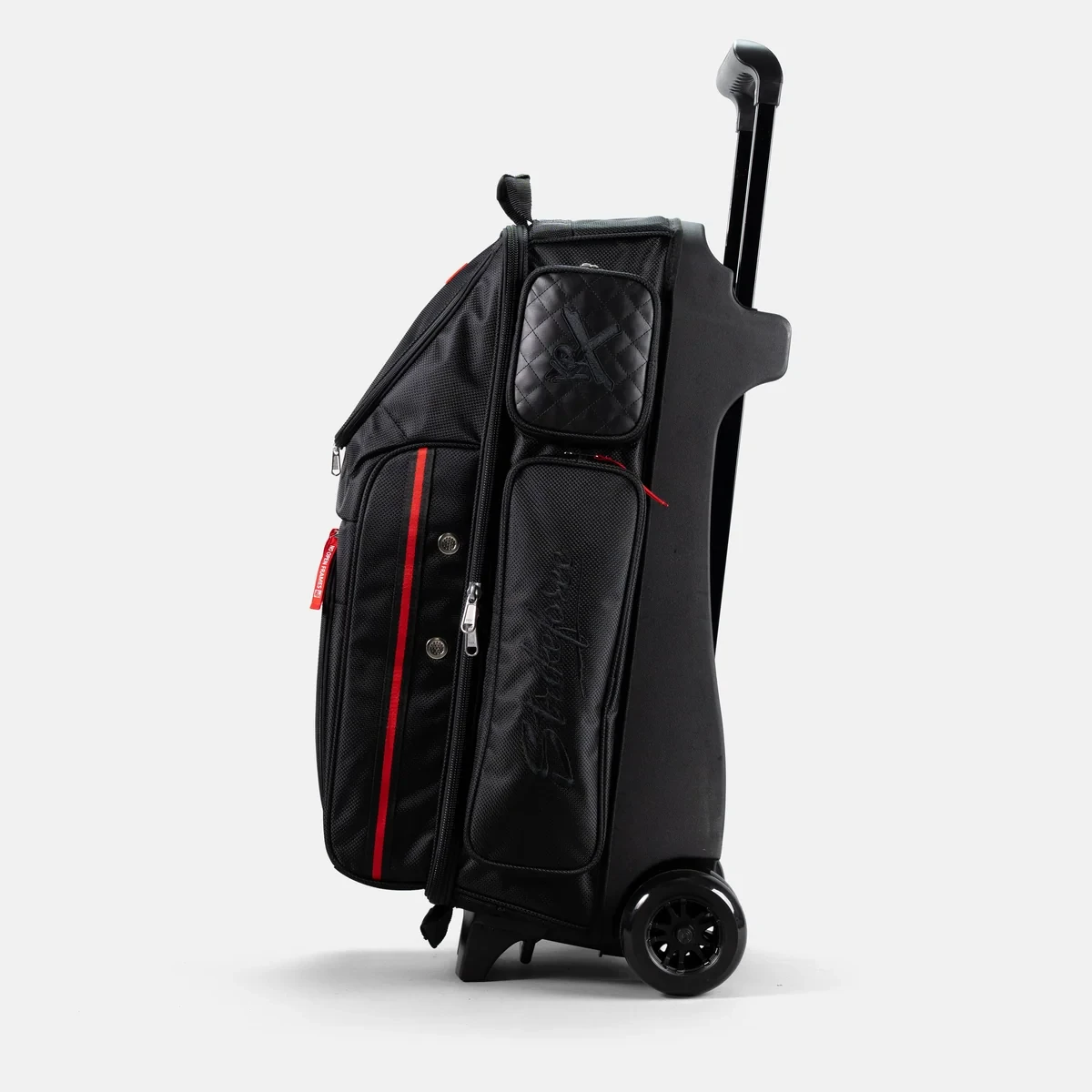 KR Strikeforce Diamond Dually triple roller bowling bag in black, side view with handle extended