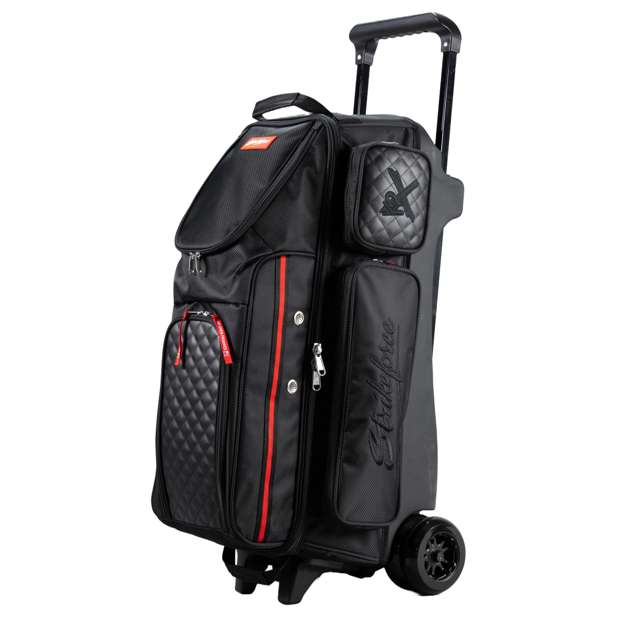 KR Strikeforce Diamond Dually triple roller black, front view with quilted pocket and red trim