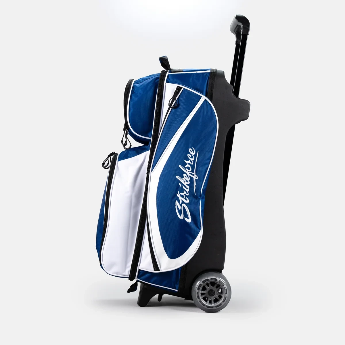KR Strikeforce Drive Dually triple roller in royal and white, front view with KR logo pocket