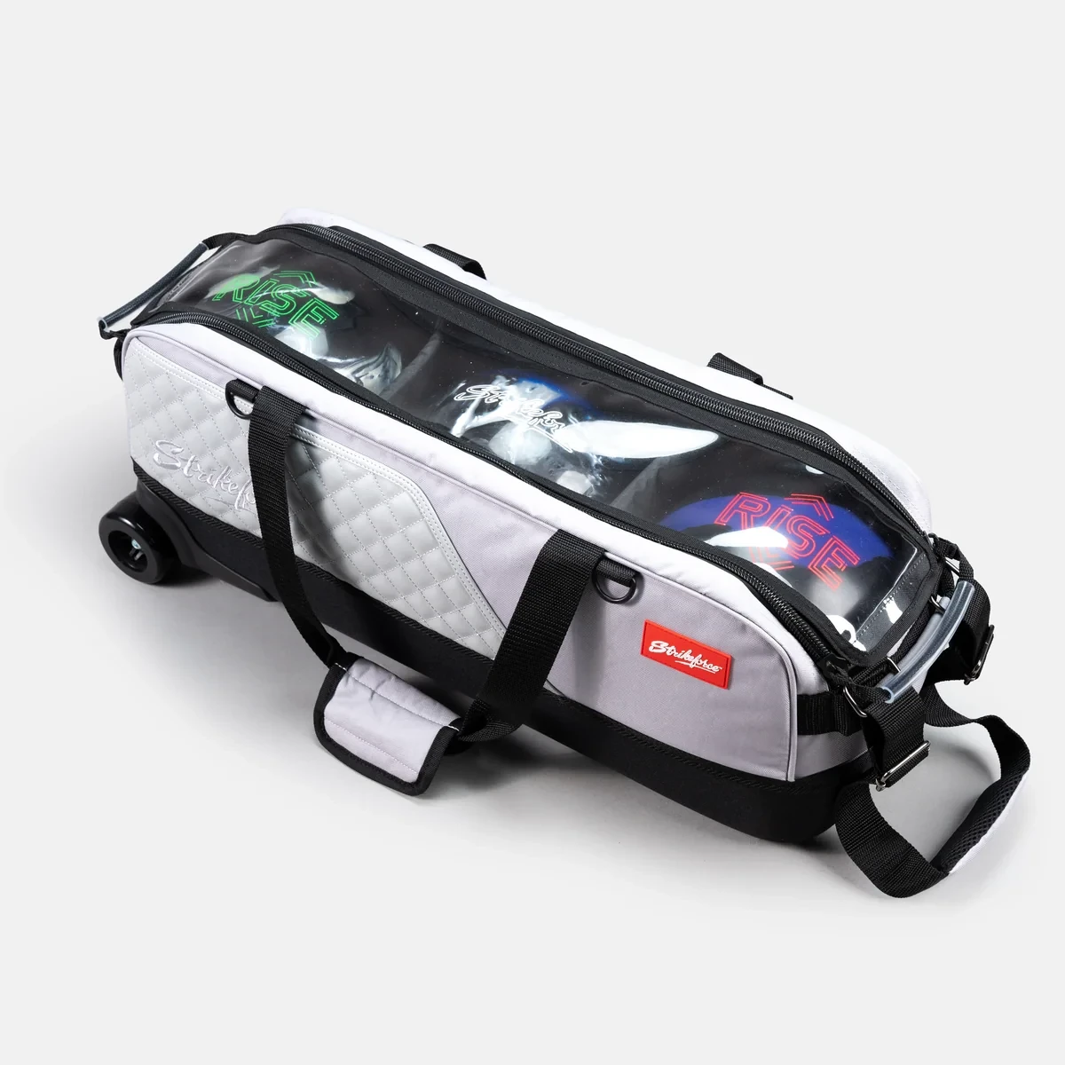 Transparent dual-zipper top on grey KR Strikeforce Diamond Slim Triple Tote with three balls