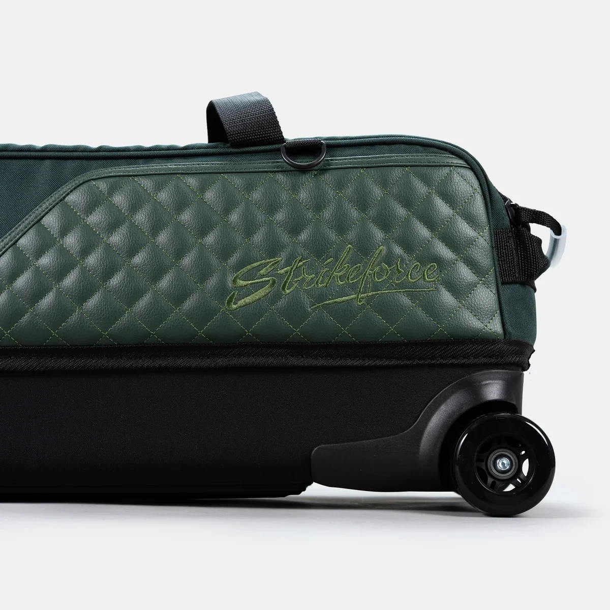 Green quilted leather panel with Strikeforce script logo on Hunter Green Diamond Slim Triple Tote