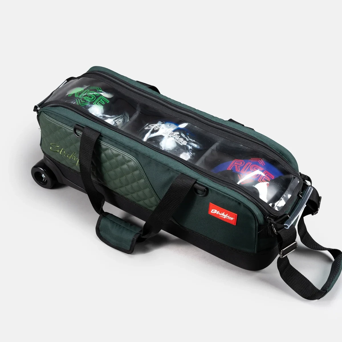 Transparent dual-zipper top on Hunter Green KR Strikeforce Diamond Slim Triple Tote with three balls