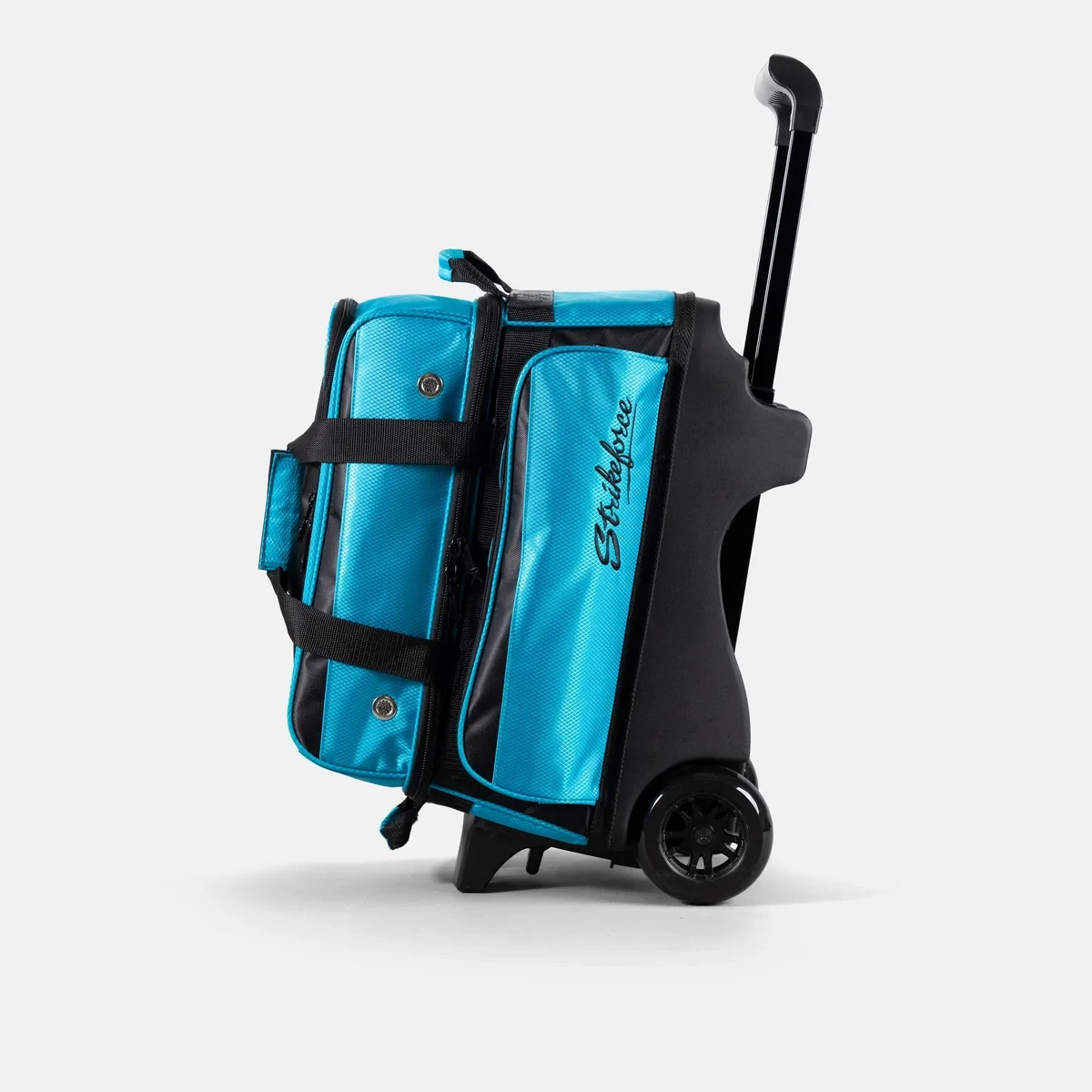 KR Strikeforce Konvoy 2 ball roller black/Caribbean blue, side view with embossed Strikeforce logo