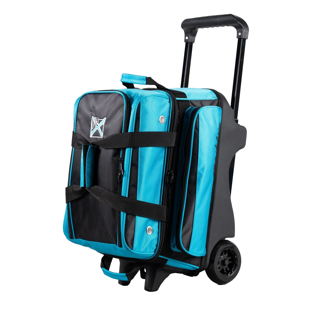 KR Strikeforce Konvoy Double Roller bowling bag in black/Caribbean blue, quarter view with handle extended