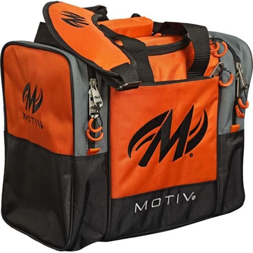 Side view of the tangerine Motiv Shock 1-ball tote showing the zippered side shoe pocket and padded shoulder strap