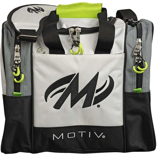 Motiv Shock Single Tote bowling bag in Blizzard White with a black Motiv M logo, gray side panels and lime-green zipper pulls