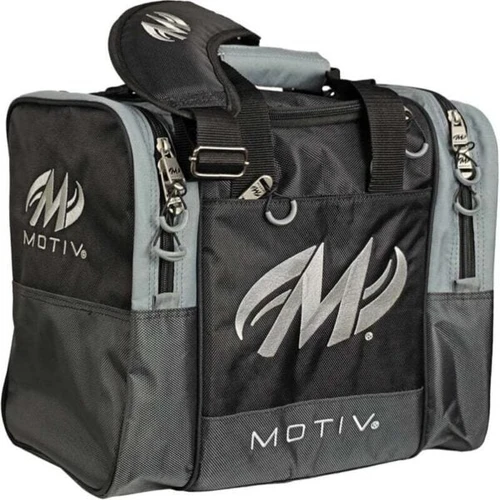 Side view of the Covert Black Motiv Shock 1-ball tote showing the zippered shoe pocket and padded shoulder strap