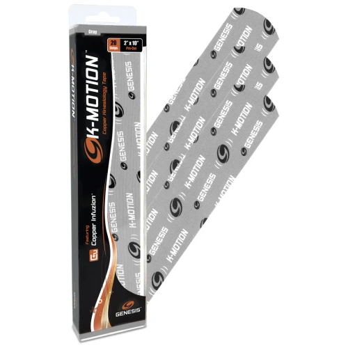 Fan of Genesis K-Motion grey pre-cut kinesiology tape strips with rounded ends
