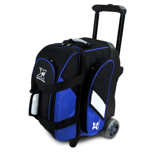 Tenth Frame Deluxe Double Roller Bowling Bag blue front view with retractable handle