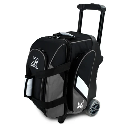 Tenth Frame Deluxe Double Roller Bowling Bag grey front view with retractable handle