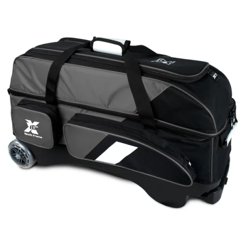 Side view of Tenth Frame grey Deluxe Triple Roller showing two large accessory compartments