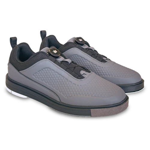 Top view of Fusion Graphite left hand men's bowling shoes highlighting dial lacing knob and streamlined performance upper