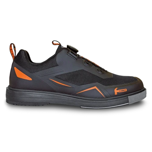 Hammer Vibe men’s right‑hand bowling shoes in black and orange side view featuring dial lacing system and mesh upper