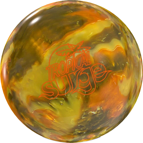 Storm Tropical Surge Gold Bronze Medallion bowling ball front view showing gold and bronze swirls with Storm logo