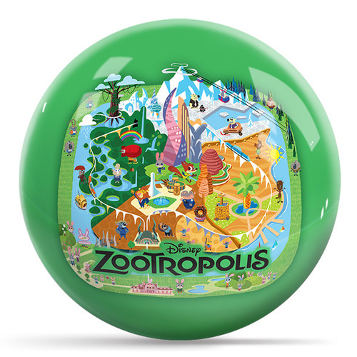 Close up of Disney Zootopia Zootropolis bowling ball showing detailed character graphics