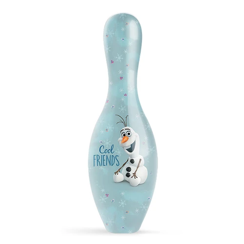 Close up of Disney Frozen Olaf Warm Hugs bowling pin colorful Olaf warm hugs graphic