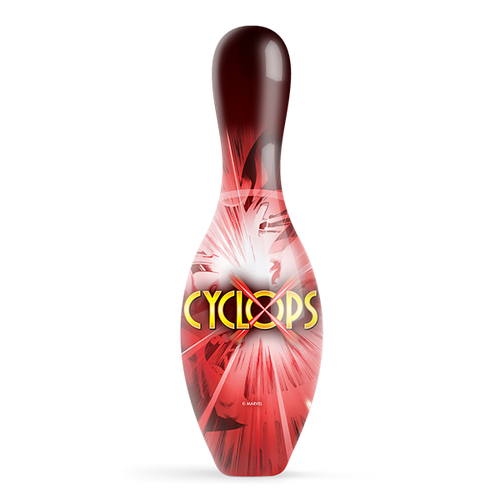 Close up of Marvel Cyclops bowling pin colorful comic-style graphics
