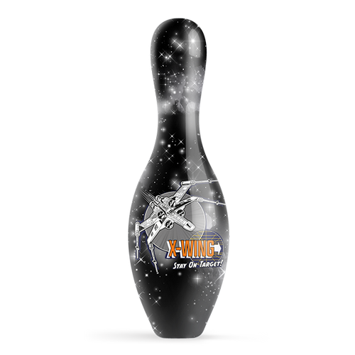 Close up of Star Wars X-Wing Starfighter bowling pin showing detailed ship graphics