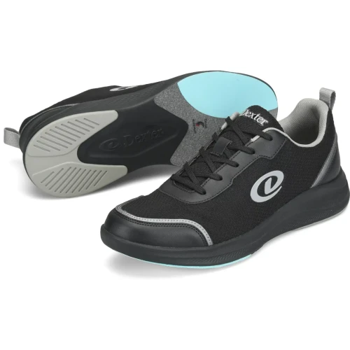 Bottom view of Dexter Pilot Pro Black Grey bowling shoes showing SlidePilot dual zone slide sole and rubber heel