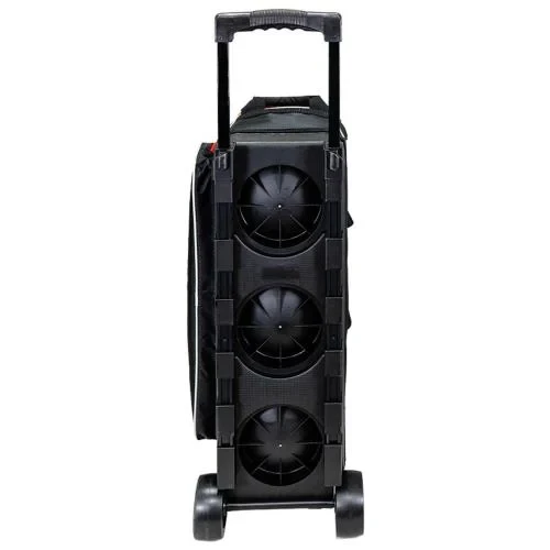 Detail shot of 4" wheels and telescopic handle hardware on Storm Hex Black Red Streamline 3‑ball bag
