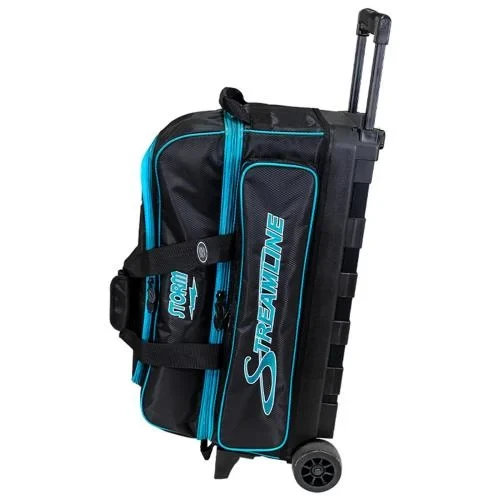 Top shoe compartment of Storm 3‑Ball Streamline Diamond Black Aqua bag holds up to a size 15 pair of bowling shoes