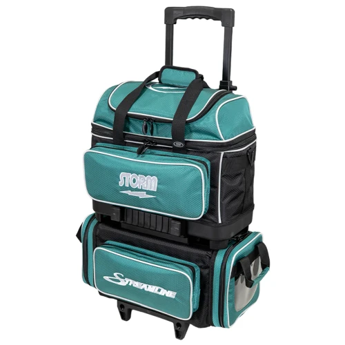 Storm 4‑Ball Streamline Hex Teal Grey bowling bag front view with telescopic handle extended