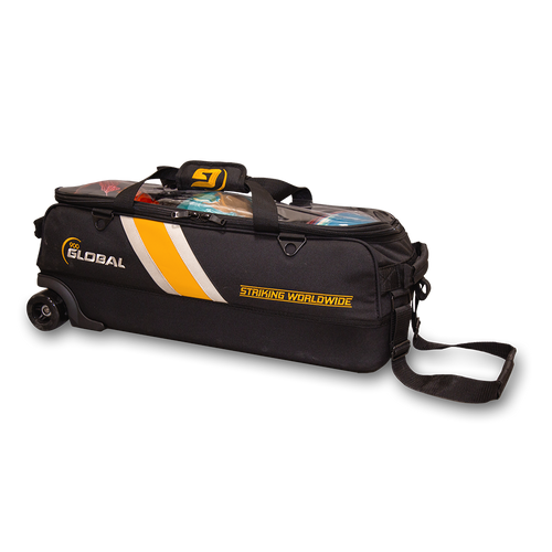 900 Global 3‑Ball Travel Tote Pro Black Gold bowling bag front view with clear top panel
