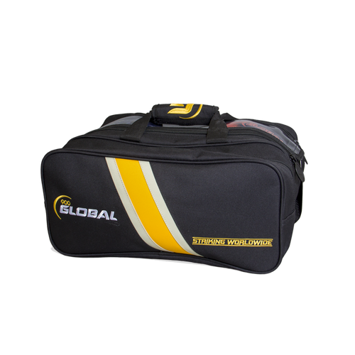 900 Global 2‑Ball Deluxe Tote Black Gold bowling bag front view with transparent top panel