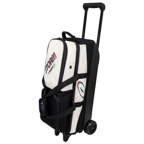 Storm 3 Ball Rolling Thunder Air White bowling bag front view with tall telescopic handle extended