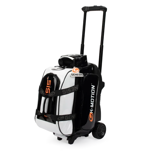 Genesis Sleek Gloss 2 Ball Roller White Black bowling bag front view showing high gloss enamel finish and telescopic handle