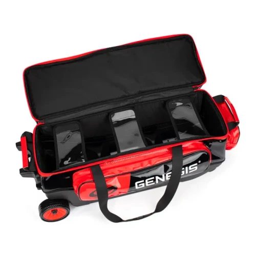 Open Genesis Sleek Gloss 3 Ball Triple Roller Black Red main compartment showing space for three bowling balls in bolstered ball cups with transparent security straps