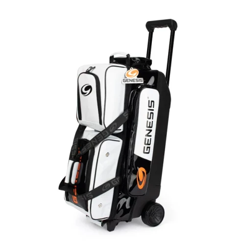 Genesis Sleek Gloss 3 Ball Triple Roller White Black bowling bag front view showing high gloss enamel finish and telescopic handle