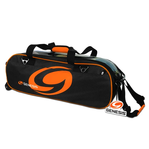 Side view of Genesis Sport 3 Ball Triple Tote Black Orange with inline wheels, glide rails, and Genesis logo