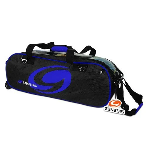 Genesis Sport 3 Ball Triple Tote Black Blue bowling bag front view showing Pure Vision transparent side panel and adjustable pull strap