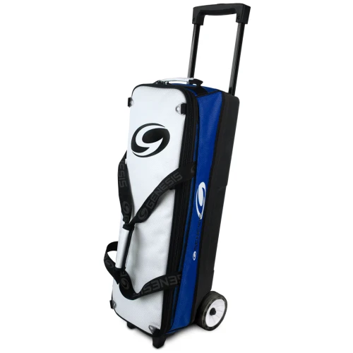 Genesis Sport Modular 3 Ball Triple Tote Blue bowling bag front view showing three ball openings and telescoping handle