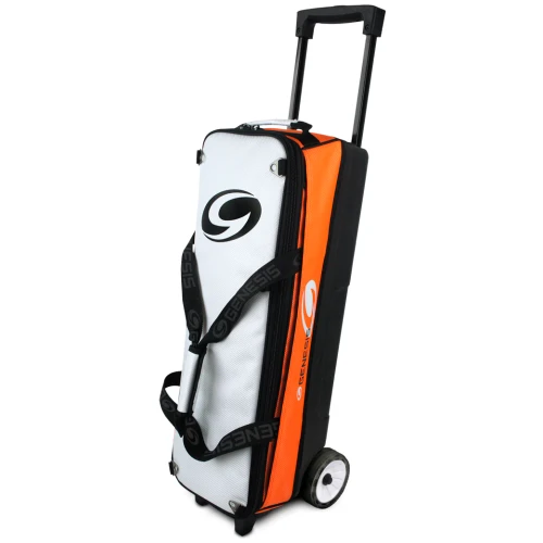 Genesis Sport Modular 3 Ball Triple Tote Black Orange bowling bag front view showing three ball openings and telescoping handle