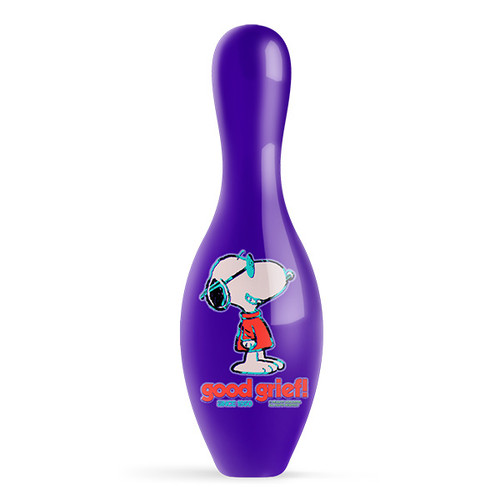 Good Grief bowling pin side angle showing Snoopy design