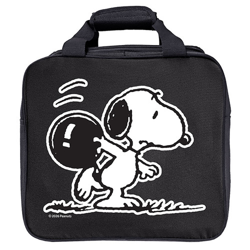 Close-up of Snoopy Bowling tote bag 600D fabric and Peanuts artwork