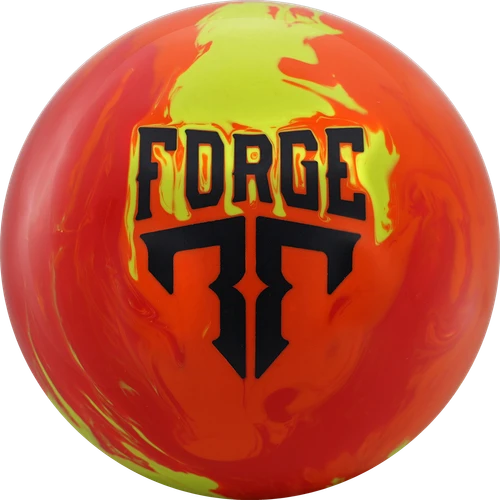 Motiv Forge Fuel bowling ball in orange, red, and yellow marbled swirl finish with black Forge logo