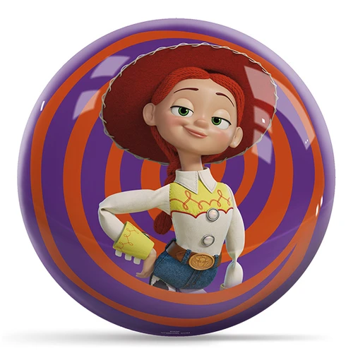 Disney Pixar Toy Story Jessie bowling ball with Jessie in her red cowgirl hat on a purple and orange swirl