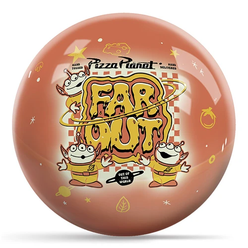 Back of the Toy Story Pizza Planet bowling ball with three Aliens and a "FAR OUT" checkered pizza box graphic