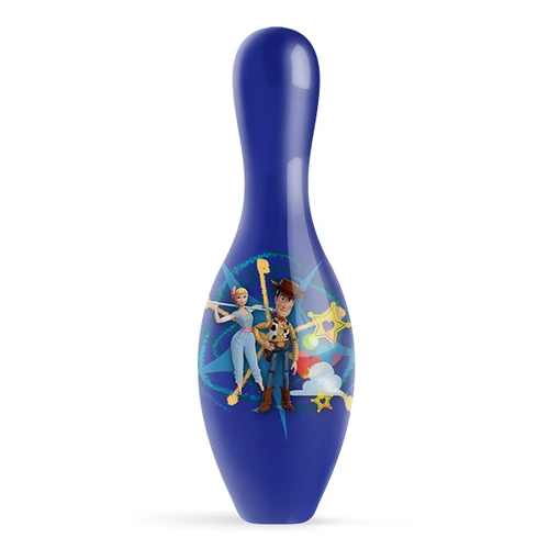 Back of the Toy Story Bo Peep bowling pin with Bo Peep and Woody, golden sheriff stars and hearts on royal blue