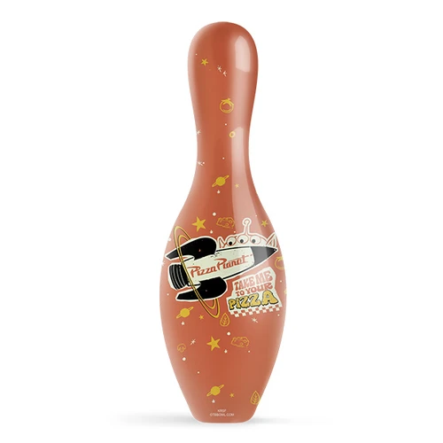 Disney Pixar Toy Story Pizza Planet bowling pin with the rocket ship, an Alien and "TAKE ME TO YOUR PIZZA" on tomato red