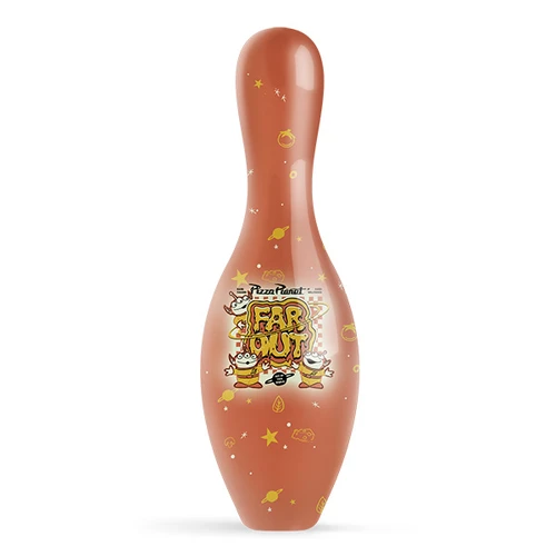 Back of the Toy Story Pizza Planet bowling pin with three Aliens and a "FAR OUT" checkered pizza box graphic