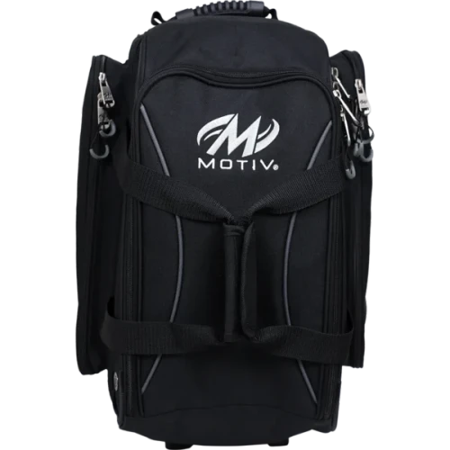 Front view of the Covert Black Motiv Velocity double roller with a zippered front pocket, gray piping and side accessory pockets