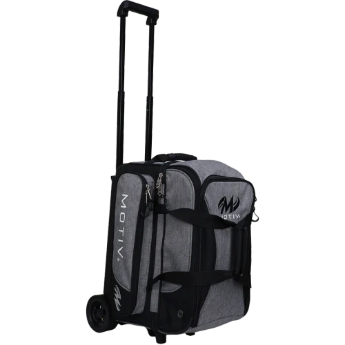 Heather gray Motiv Velocity double roller from the other side, showing Motiv lettering, a side accessory pocket and wheels
