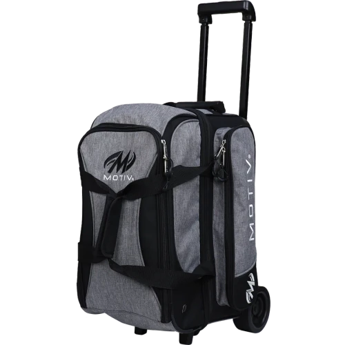 Motiv Velocity 2-ball roller bowling bag in heather gray and black with a telescoping handle and a Motiv logo front pocket